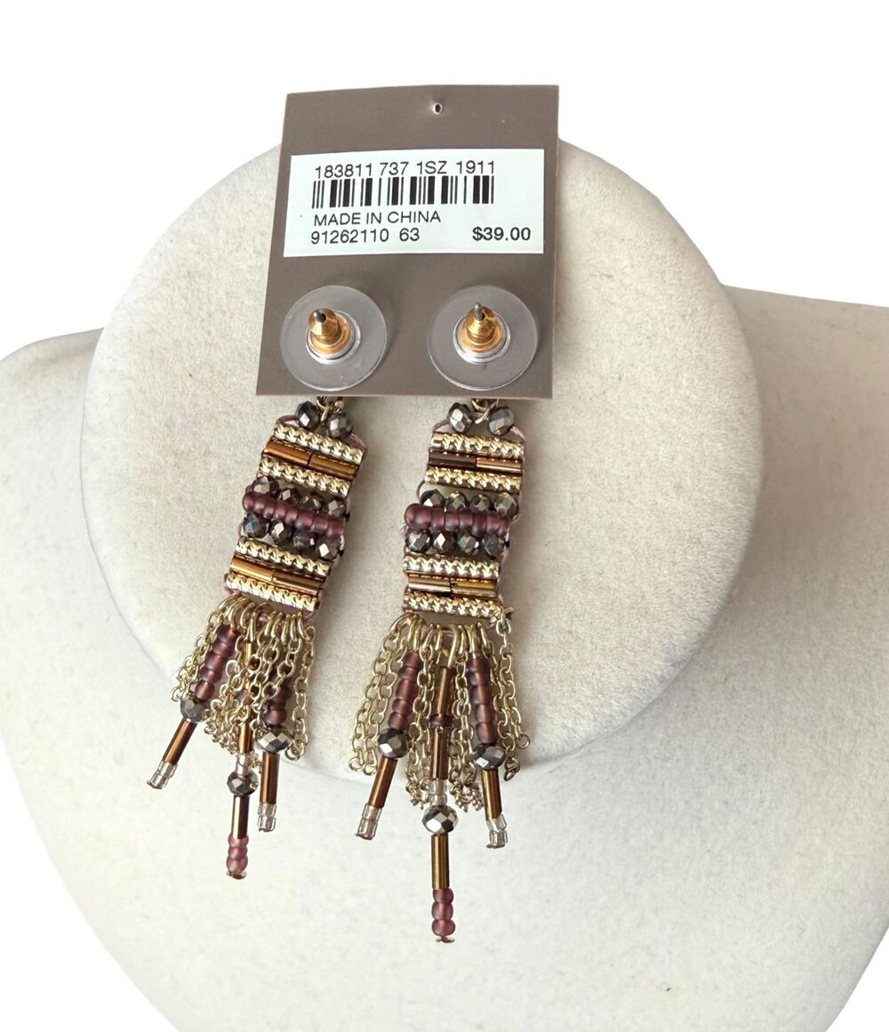 J Jill Beaded Fringe Earrings Gold Violet Glass Boho Statement Dangle Resort NWT - Picture 7 of 7